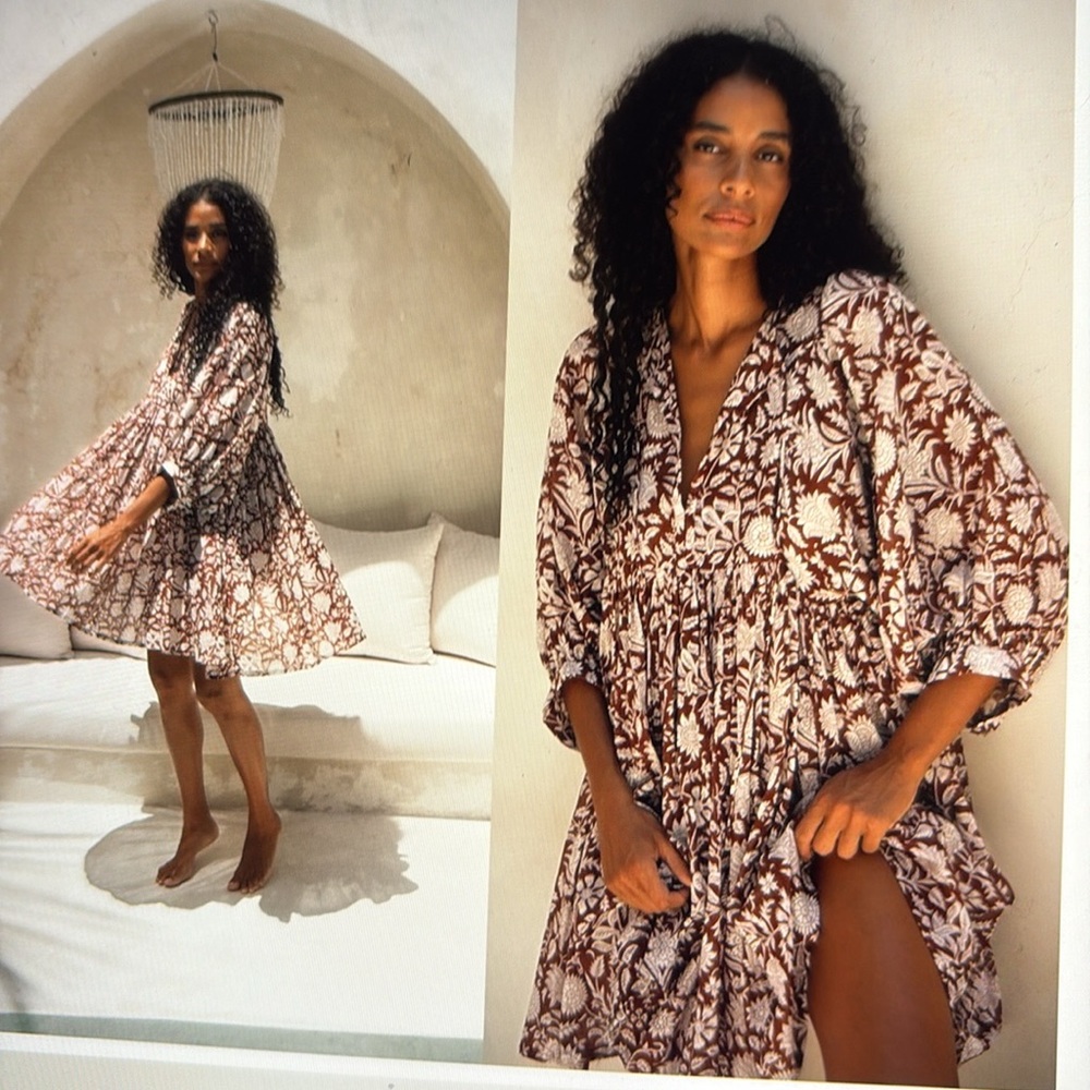 Daughters of India Boho Mini Dress in Brown and White